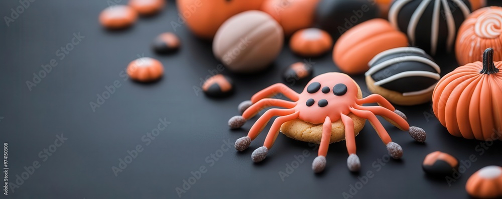 Fototapeta premium Spider-shaped cookies with candy legs, surrounded by Halloween treats in a fun setting, Halloween treats candy, spooky and playful