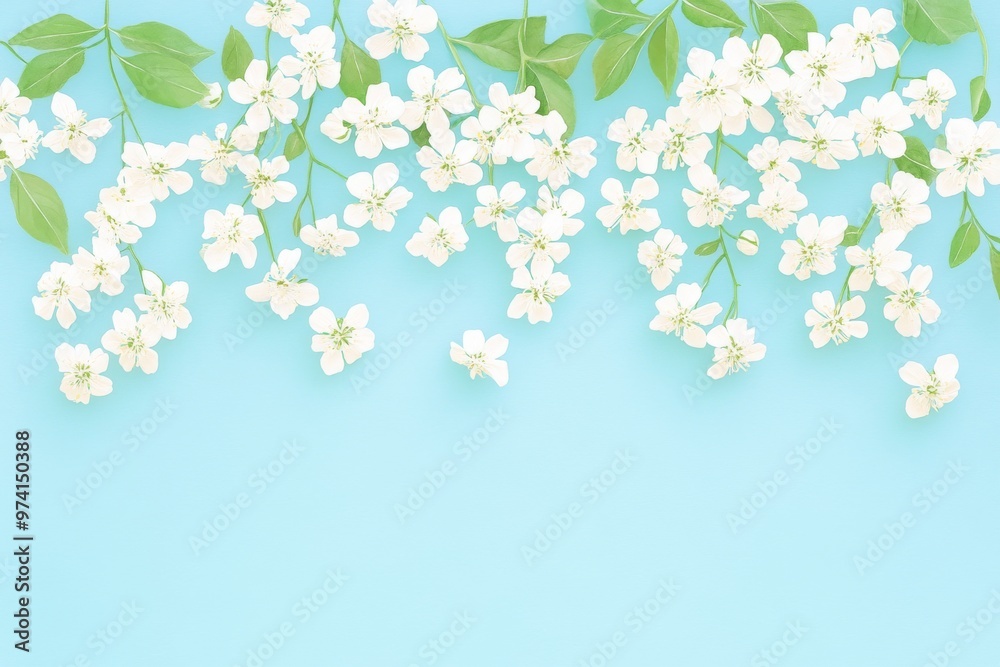 A serene arrangement of delicate white flowers on a soft blue background, perfect for spring-themed projects and designs. A serene arrangement of delicate white flowers on a soft blue background, perfect for spring-themed projects and designs.