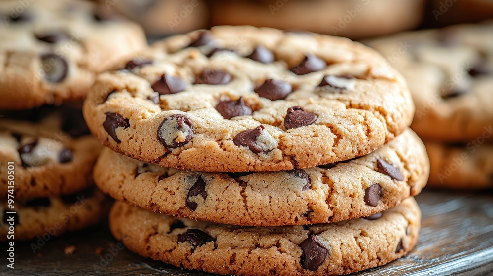 Delicious homemade chocolate chip cookies stacked on a rustic wooden platter ready for sharing and enjoyment Delicious homemade chocolate chip cookies stacked on a rustic wooden platter ready for sharing and enjoyment