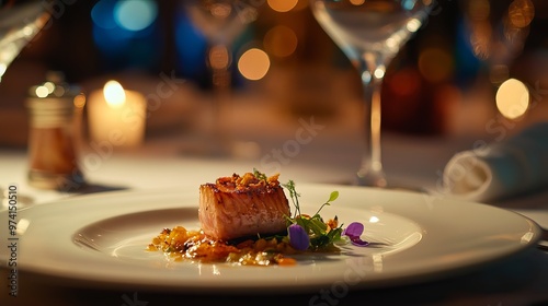 A sumptuous dish adorns a pristine plate, bathed in the soft glow of ambient lighting. The setting exudes an air of sophistication, creating an unforgettable fine dining experience. 