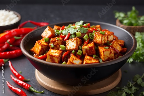 Mapo Tofu - The traditional Sichuan dish of silken tofu and ground beef, packed with mala flavor from chili oil and Sichuan peppercorns - Asian food style 