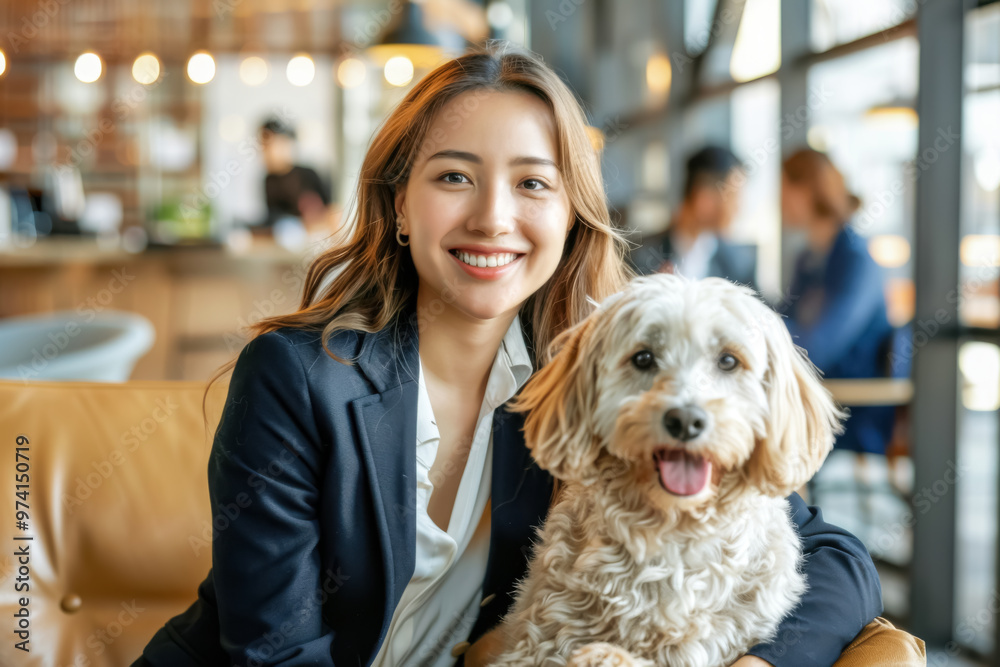 Business Casual: Young Woman with Her Small Dog in Office. A young Asian woman with long hair smiles with her small curly-haired dog in a cozy office setting.
