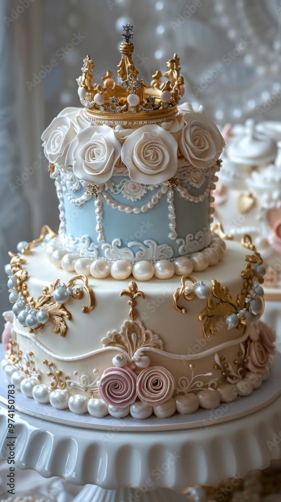 Obraz premium Elegant two-tiered cake adorned with roses, pearls, and a stunning crown, showcasing intricate detailing and craftsmanship, set against a softly lit background suitable for celebrations