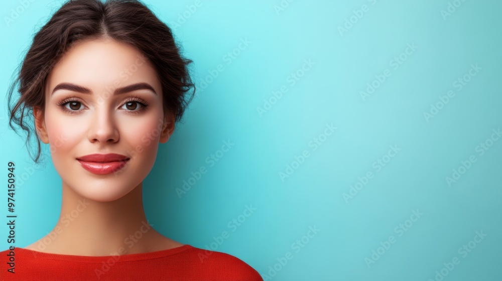 A smiling woman with dark hair wearing a red sweater stands against a soft blue background, exuding warmth and confidence in a well-lit indoor setting