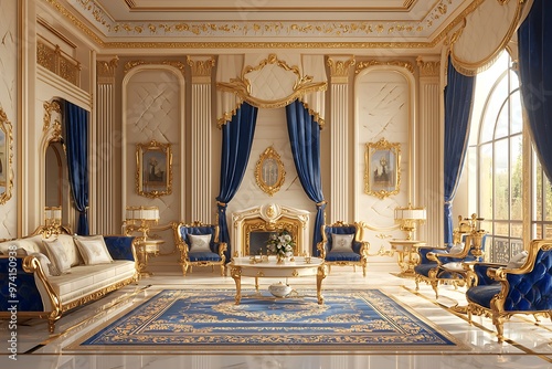 Detailed 3D Render of a Sapphire and Cream Palace with Golden Accents