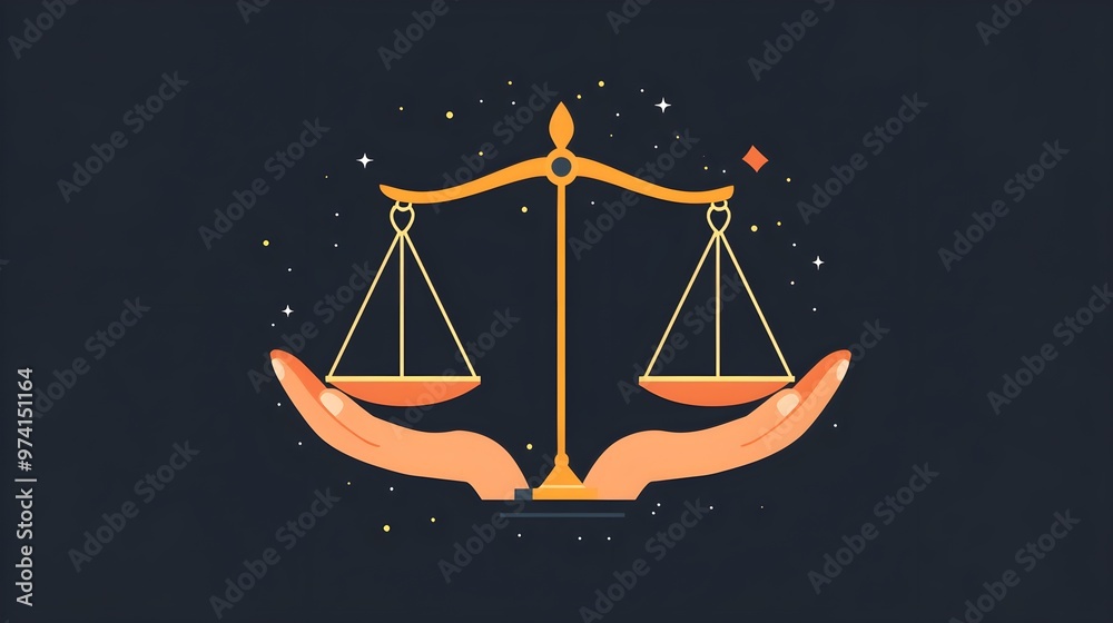 A minimalistic flat design image featuring hands gently holding scales of justice, with each side of the scales perfectly balanced, emphasizing the concepts of fairness and morality in a straightforwa A minimalistic flat design image featuring hands gently holding scales of justice, with each side of the scales perfectly balanced, emphasizing the concepts of fairness and morality in a straightforwa