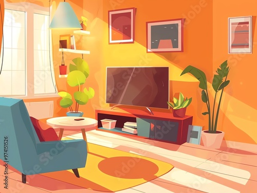 Comfortable living room  TV and cushions  flat design illustration