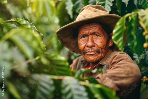 an ecuadorian worker, farmer harvesting coffee in a large plantation, inspirational