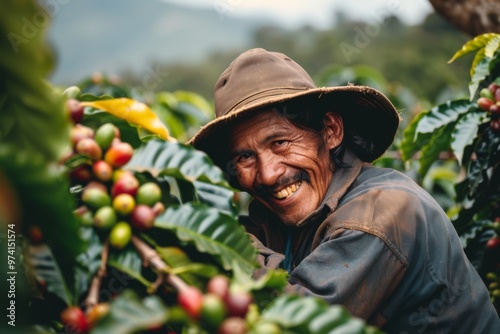 an ecuadorian worker, farmer  harvesting coffee in a large plantation, inspirational photo