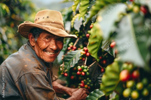 ecuadorian worker harvesting coffee in a large plantation, inspirational, happy vibes 