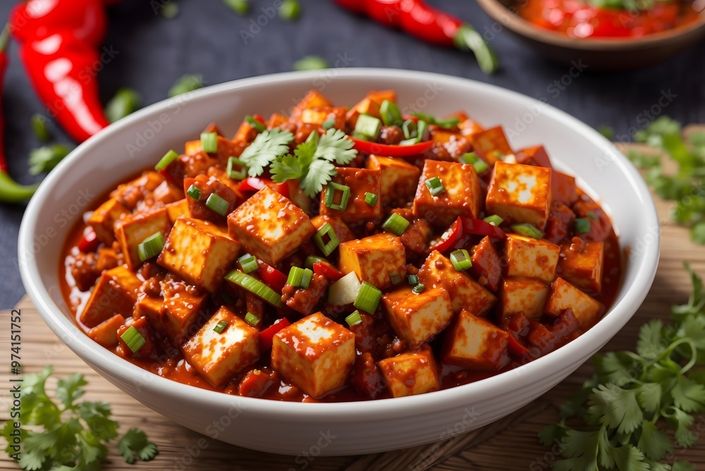 Mapo Tofu - The traditional Sichuan dish of silken tofu and ground beef, packed with mala flavor from chili oil and Sichuan peppercorns - Asian food style
Mapo Tofu - The traditional Sichuan dish of silken tofu and ground beef, packed with mala flavor from chili oil and Sichuan peppercorns - Asian food style