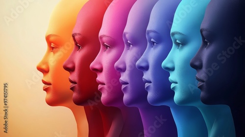 Colorful silhouettes of diverse human faces aligned in a gradient display, showcasing vibrant hues and expressions in an artistic arrangement during a creative workshop setting