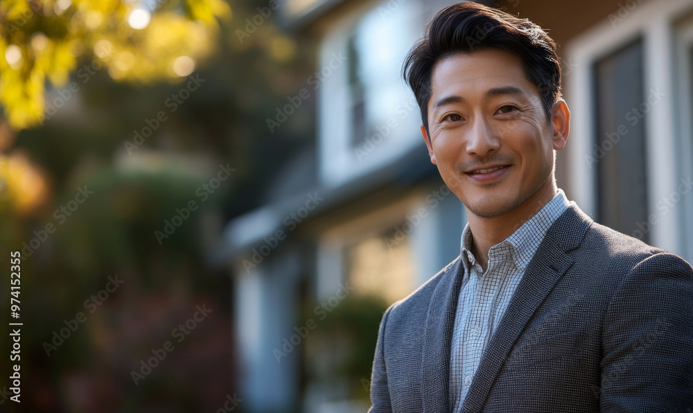 a realtor handsome asian man based in front of a house, looking to the camera, smilling a realtor handsome asian man based in front of a house, looking to the camera, smilling