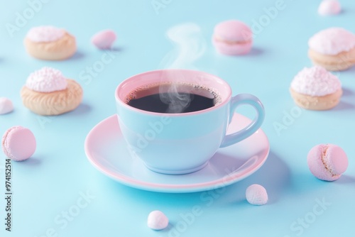 A pastel 3D clay-style coffee cup sits on a saucer with gentle steam rising