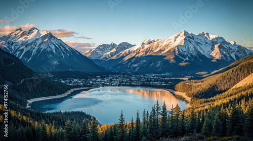 Mountain village with lake and snowcapped peaks