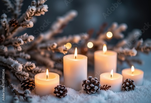 burning candle and christmas tree