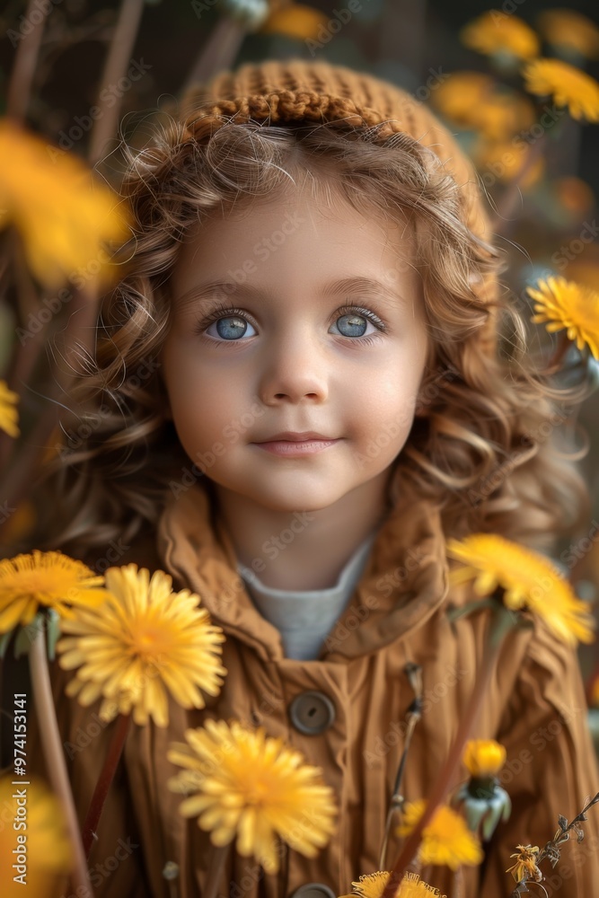 Fototapeta premium a very small child, girl wearing brown and yellow dandelions