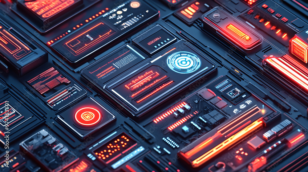 Futuristic Tech Interface with Red Neon Lights