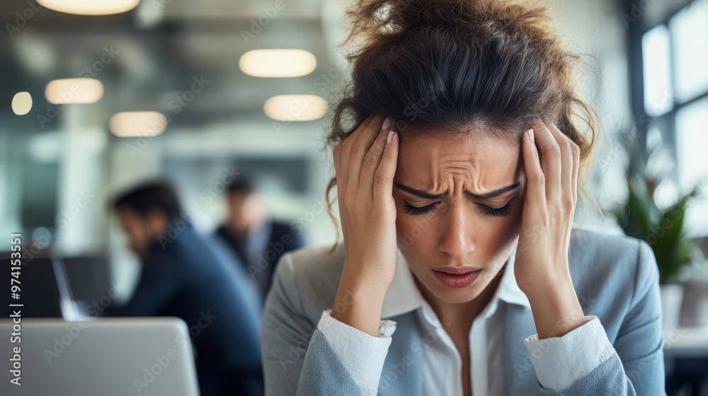 Mental Health and Burnout: Employee Holds Head, Frustrated at Work Mental Health and Burnout: Employee Holds Head, Frustrated at Work