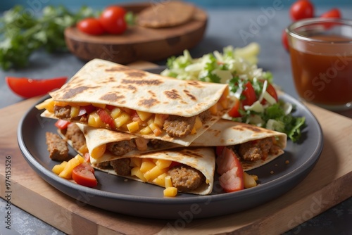 Quesadilla with chicken, tomatoes, corn, cheese and chilli. Mexican food Fast food 