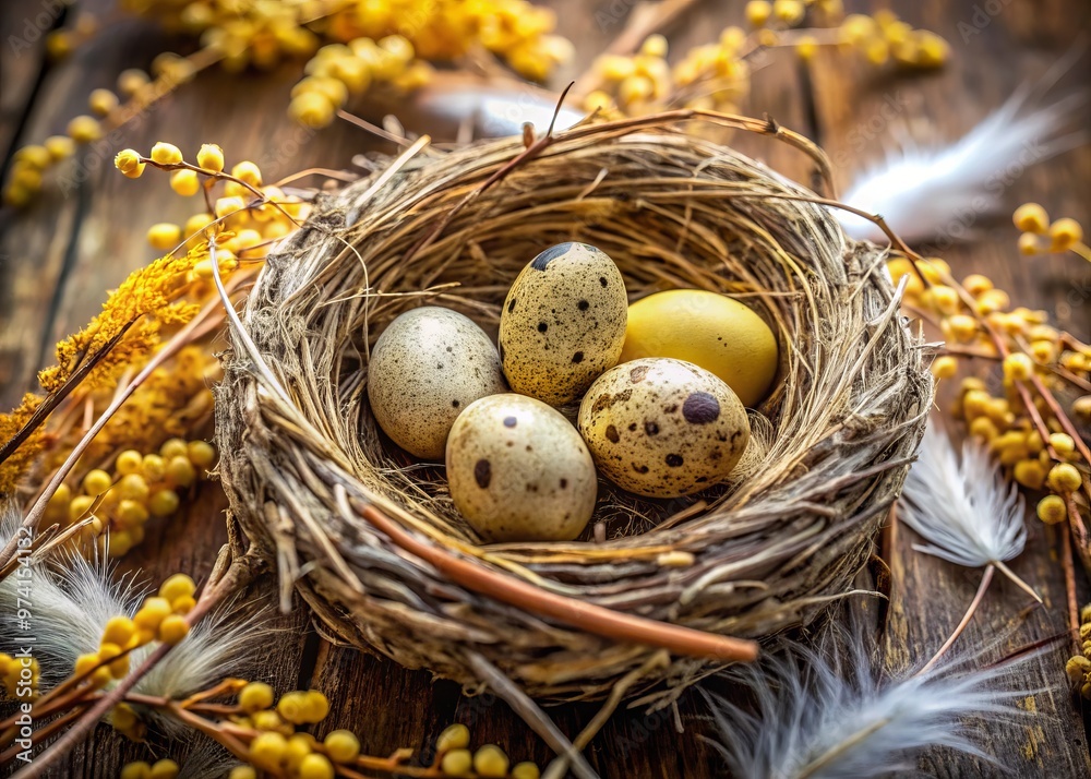 Delicate yellow-speckled sparrow eggs rest snugly in a nest of dried grasses and twigs, surrounded by soft, feathery Delicate yellow-speckled sparrow eggs rest snugly in a nest of dried grasses and twigs, surrounded by soft, feathery