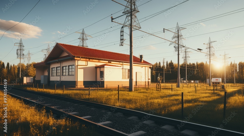 Sunset over substation warm glow on detailed switchgear and transmission towers at dusk Sunset over substation warm glow on detailed switchgear and transmission towers at dusk