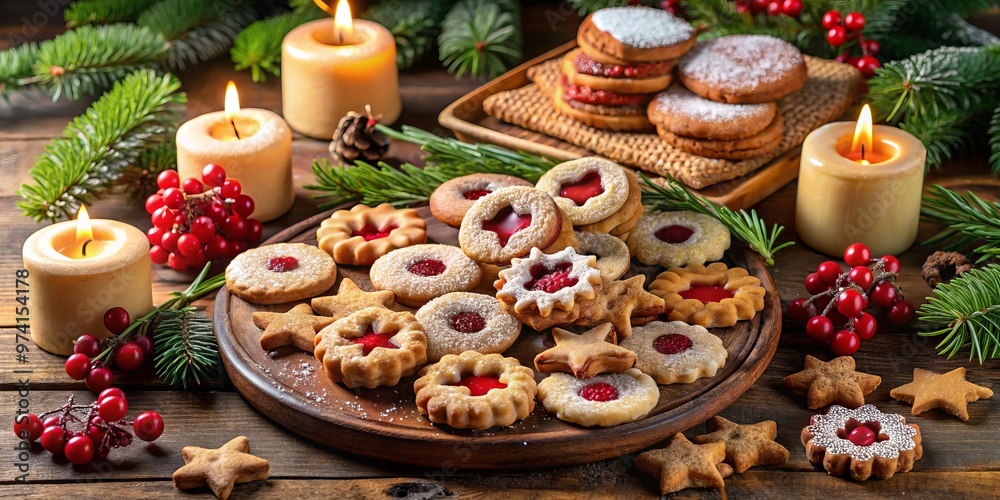 Delicious assortment of traditional European cookies, including shortbread, gingerbread, and linzer, arranged on a Delicious assortment of traditional European cookies, including shortbread, gingerbread, and linzer, arranged on a
