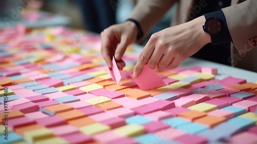 Collaborative teamwork engaging in creative discussions with sticky notes on a table