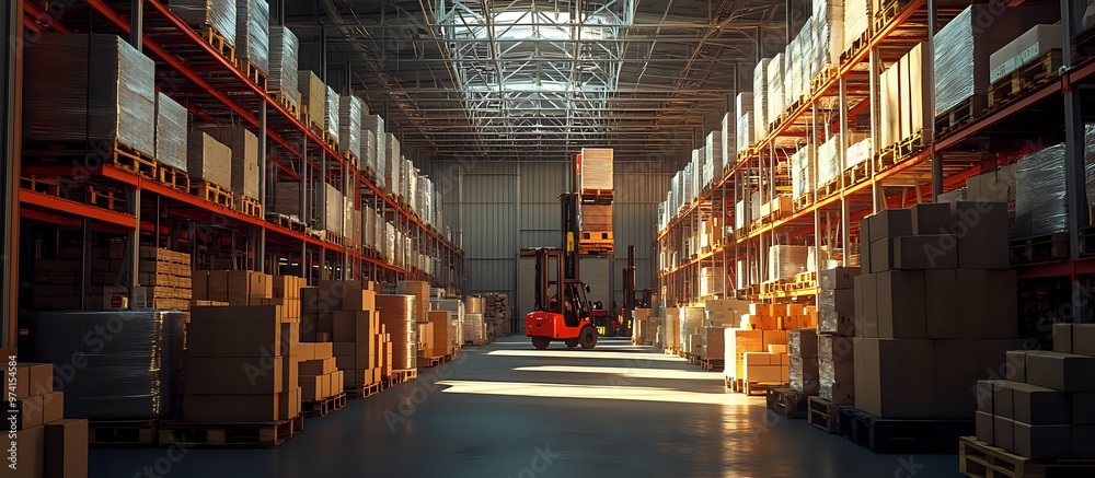 Fototapeta premium A forklift moves boxes through a large warehouse.