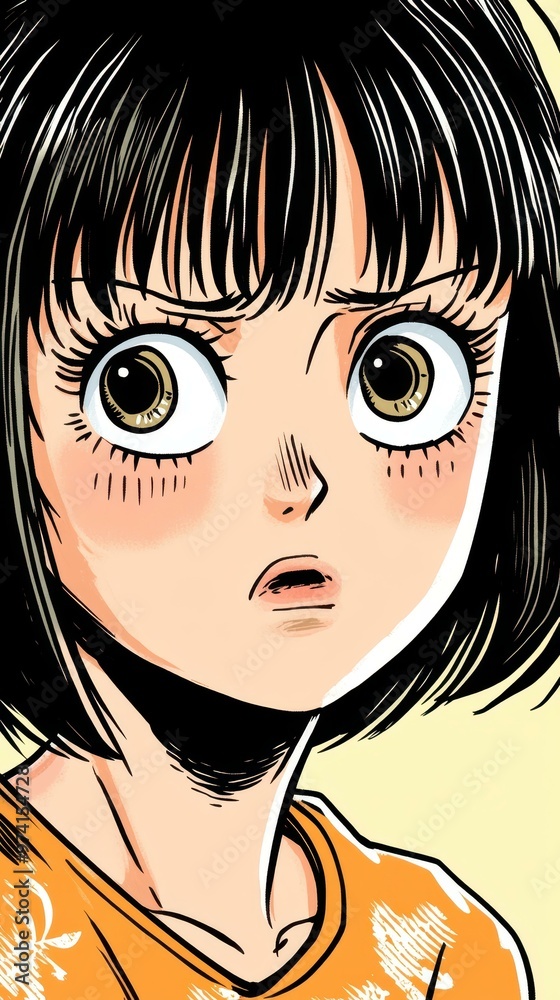 A teen girl with short black hair conveys deep emotion through block printing, styled in anime aesthetic, rich in detail. A teen girl with short black hair conveys deep emotion through block printing, styled in anime aesthetic, rich in detail.