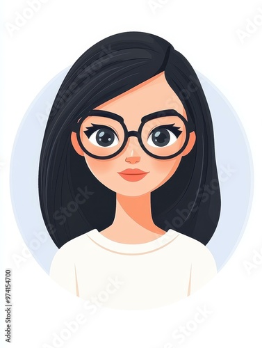 Create a cheerful anime avatar of a woman with shoulderlength black hair, black glasses, and a gentle expression. photo