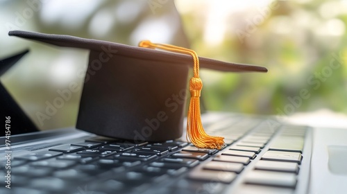 E-learning and online graduate certificate programs offer remote learning opportunities via cyber or internet. The concept is represented by a black graduation cap photo