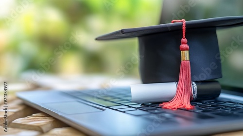 E-learning and online graduate certificate programs offer remote learning opportunities via cyber or internet. The concept is represented by a black graduation cap