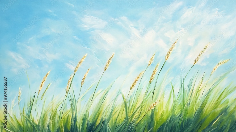Oil painting of tall grass blowing in the wind against a blue sky with white clouds. Oil painting of tall grass blowing in the wind against a blue sky with white clouds.