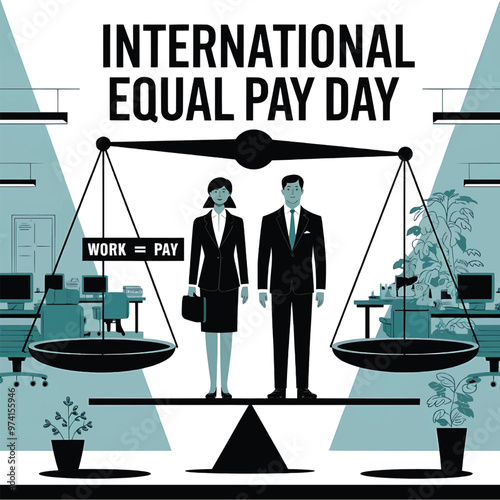 Vector design for International Equal Pay Day featuring scales with gender symbols and business professionals promoting workplace equality wage fairness and gender balance in salary distribution.