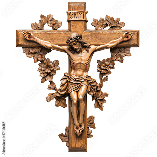 Intricately carved wooden crucifix depicting Jesus on the cross, surrounded by floral motifs, symbolizing faith and sacrifice.