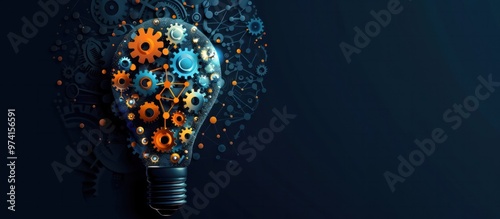 Glowing light bulb surrounded by a complex system of interlocking mechanical gears and cogs symbolizing the power of innovation creativity