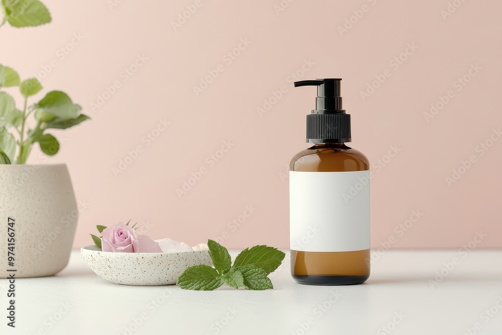 A brown glass bottle with a pump, surrounded by plants and flowers on a light background. A brown glass bottle with a pump, surrounded by plants and flowers on a light background.