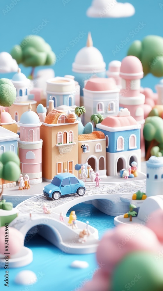 A pastel 3D clay-style cityscape features colorful buildings A pastel 3D clay-style cityscape features colorful buildings