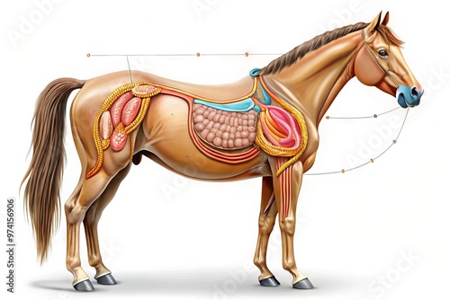 Detailed illustration of a horse's digestive system, showcasing the intricate structure and anatomy of the small and photo