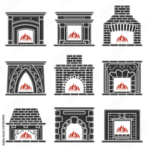 Set of furnace silhouette icon. Fireplace sign. Vector illustration. For web and mobile, modern minimalistic flat design.