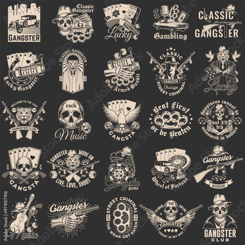 Set of gangster design. Vintage print, logo, badge design with retro car, poker playing card, casino chips, slot machines, two dice, knuckle, gun and guitar. Vector illustration.