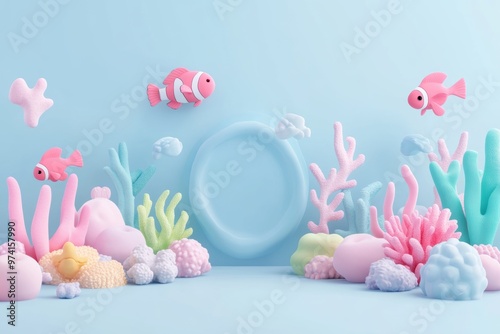 A pastel 3D clay-style ocean scene showcases cute fish