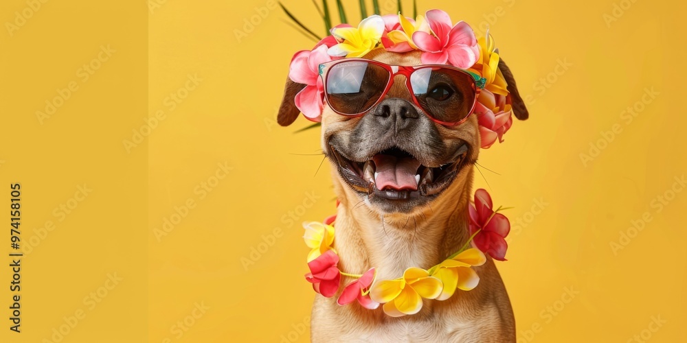 Cute dog with hawaiian costume yellow background Cute dog with hawaiian costume yellow background