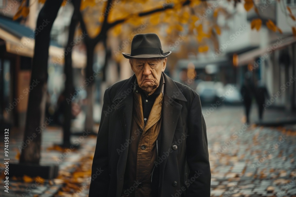 old man walking sad directly to the camera , autumn street old man walking sad directly to the camera , autumn street