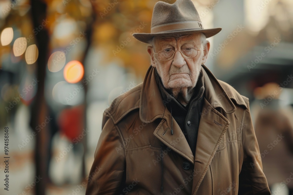 a wealthy old man walking sad directly to the camera , autumn street a wealthy old man walking sad directly to the camera , autumn street