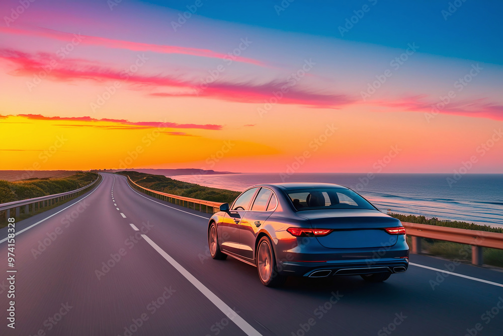 Obraz premium Car on the road at sunset. Car on the road at sunset.