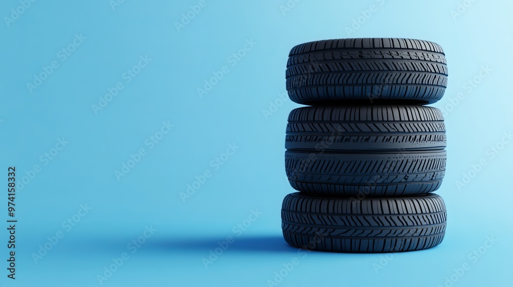 Summer tires and wheels stacked on a blue background, creating a new and empty layout for copy or design purposes. Summer tires and wheels stacked on a blue background, creating a new and empty layout for copy or design purposes.
