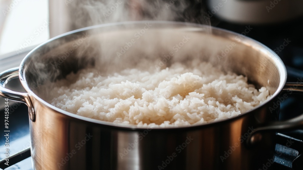 A large pot of rice steaming on a stovetop. A large pot of rice steaming on a stovetop.