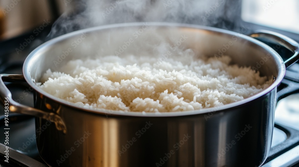 A large pot of rice steaming on a stovetop. A large pot of rice steaming on a stovetop.